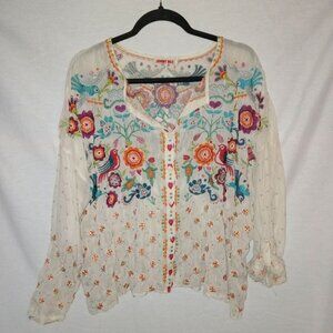 NWOT Johnny Was Brady Embroidered Blouse Top Birds Hearts Oversized M 59" Bust